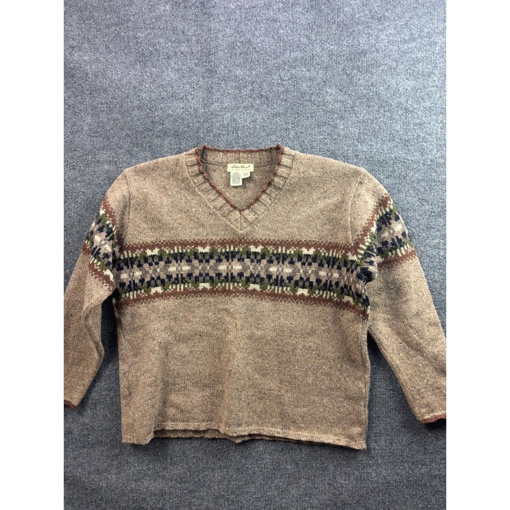 Vintage Eddie Bauer Wool Sweater Womens Petite M Tan Fair Isle V-Neck